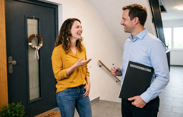 Frau und Hausverwalter unterhalten sich vor einer Wohnungstür.