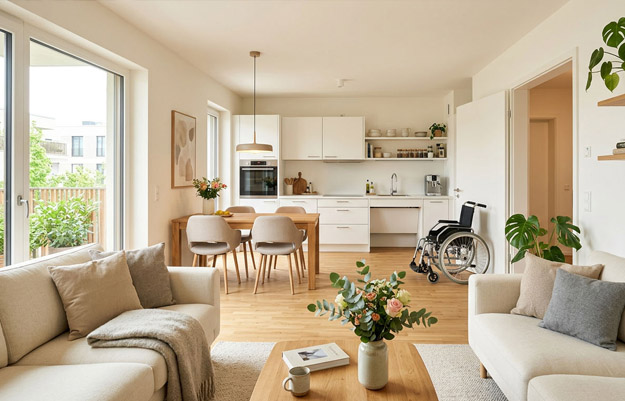 Moderne Wohnung mit Barrierefreiem Zugang und einem Rollstuhl.