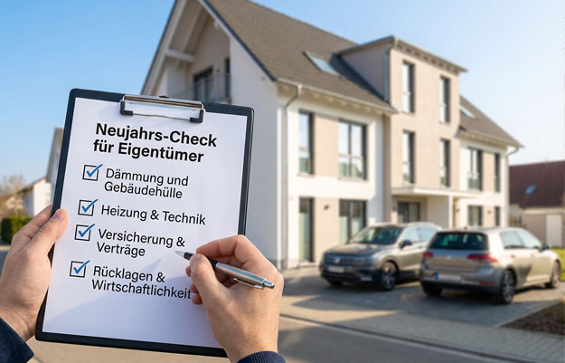 Blog Eine Person hält eine Checkliste für Eigentümer vor einem Haus in die Kamera. Alles ist abgehackt.